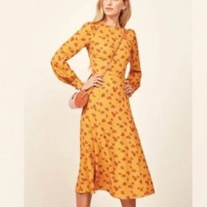 Reformation Josephine Dress in Amelia Rose High Neck Long Sleeve Gold 6